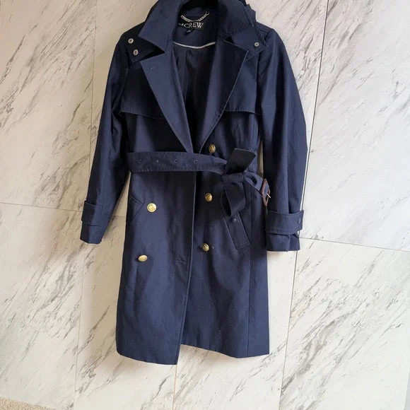 J. Crew Navy Icon Double-Breasted Belted Hooded Cotton Petite Trench Coat SZ 2P - Picture 7 of 13